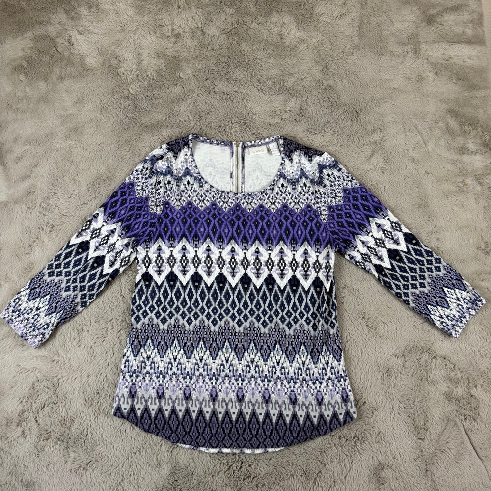 Chico's Geometric Print Top 3/4 Sleeve Blouse Purple White Size 1 Career